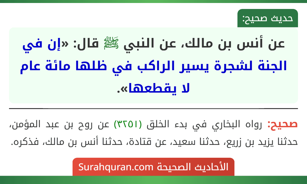 عن أنس بن مالك، عن النبي ﷺ قال: «إن في الجنة لشجرة يسير الراكب في ظلها مائة عام لا يقطعها». عن أنس بن مالك، عن النبي ﷺ قال: «إن في الجنة لشجرة يسير الراكب في ظلها مائة عام لا يقطعها».