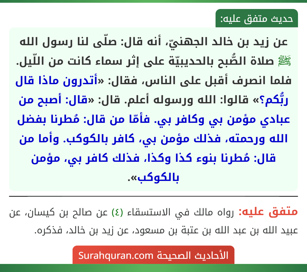 عن زيد بن خالد الجهنيّ، أنه قال: صلّى لنا رسول الله ﷺ صلاة الصُّبح بالحديبيّة على إثر سماء كانت من اللّيل. فلما انصرف أقبل على الناس، فقال: «أتدرون ماذا قال ربُّكم؟» قالوا: الله ورسوله أعلم. قال: «قال: أصبح من عبادي مؤمن بي وكافر بي. فأمّا من قال: مُطرنا بفضل الله ورحمته، فذلك مؤمن بي، كافر بالكوكب. وأما من قال: مُطرنا بنوء كذا وكذا، فذلك كافر بي، مؤمن بالكوكب». عن زيد بن خالد الجهنيّ، أنه قال: صلّى لنا رسول الله ﷺ صلاة الصُّبح بالحديبيّة على إثر سماء كانت من اللّيل. فلما انصرف أقبل على الناس، فقال: «أتدرون ماذا قال ربُّكم؟» قالوا: الله ورسوله أعلم. قال: «قال: أصبح من عبادي مؤمن بي وكافر بي. فأمّا من قال: مُطرنا بفضل الله ورحمته، فذلك مؤمن بي، كافر بالكوكب. وأما من قال: مُطرنا بنوء كذا وكذا، فذلك كافر بي، مؤمن بالكوكب».