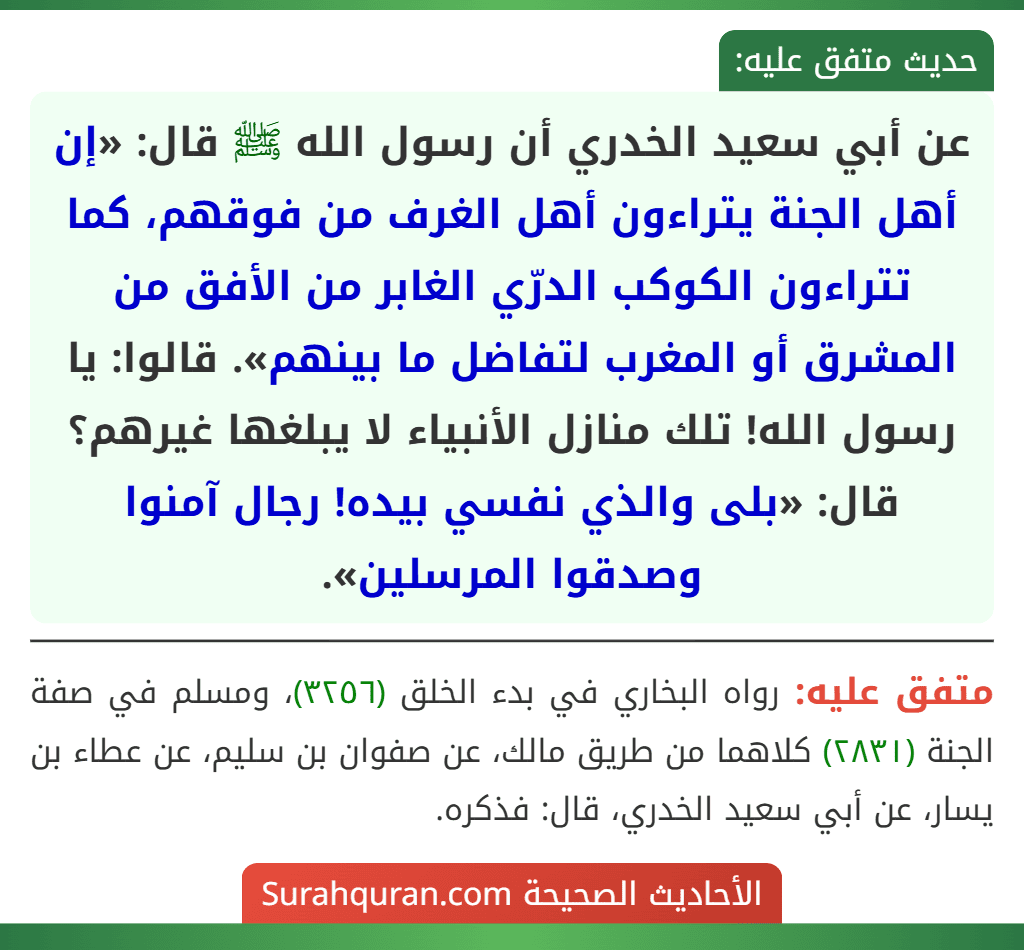عن أبي سعيد الخدري أن رسول الله ﷺ قال: «إن أهل الجنة يتراءون أهل الغرف من فوقهم، كما تتراءون الكوكب الدرّي الغابر من الأفق من المشرق أو المغرب لتفاضل ما بينهم». قالوا: يا رسول الله! تلك منازل الأنبياء لا يبلغها غيرهم؟ قال: «بلى والذي نفسي بيده! رجال آمنوا وصدقوا المرسلين».