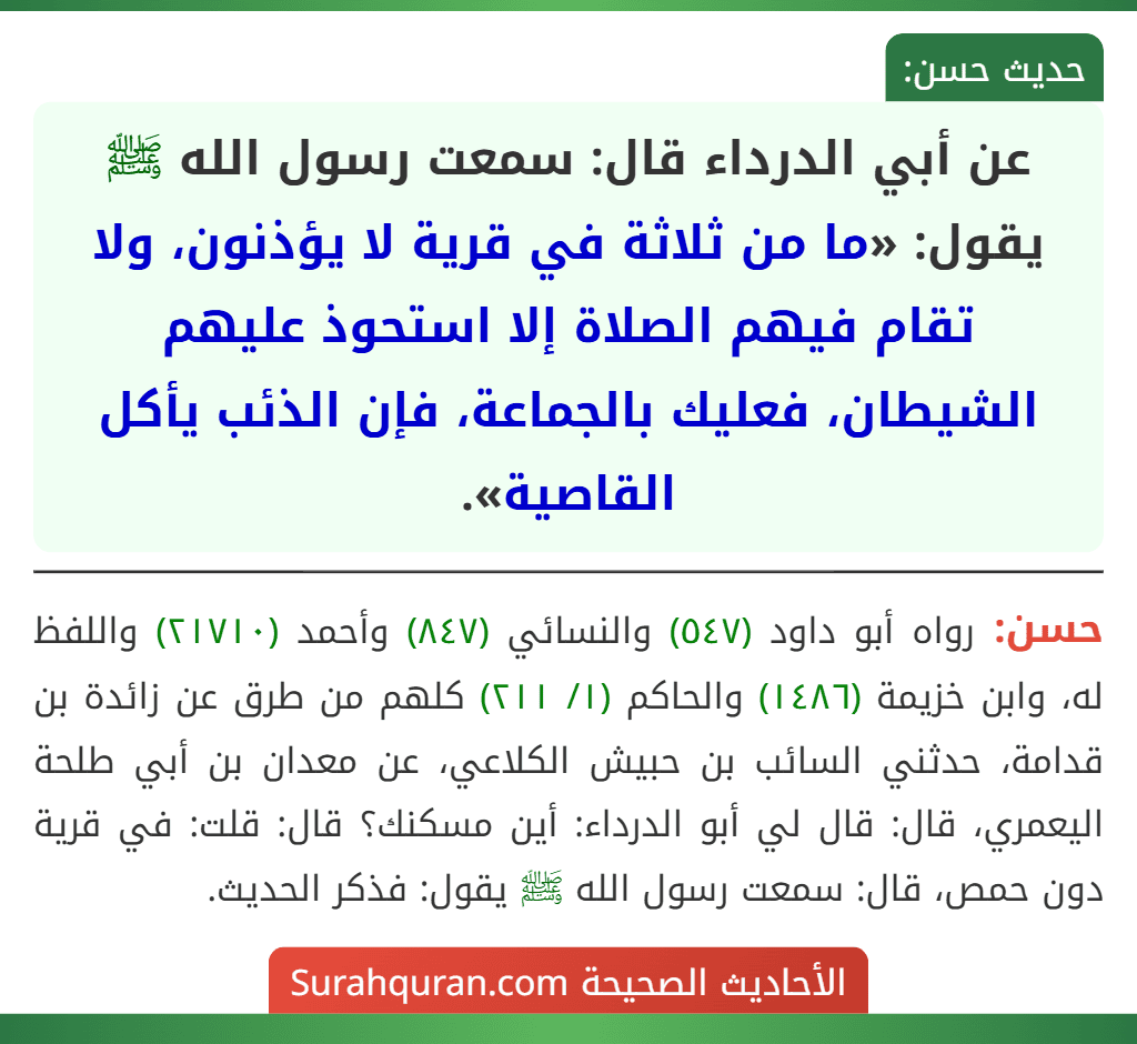 عن أبي الدرداء قال: سمعت رسول الله ﷺ يقول: «ما من ثلاثة في قرية لا يؤذنون، ولا تقام فيهم الصلاة إلا استحوذ عليهم الشيطان، فعليك بالجماعة، فإن الذئب يأكل القاصية». عن أبي الدرداء قال: سمعت رسول الله ﷺ يقول: «ما من ثلاثة في قرية لا يؤذنون، ولا تقام فيهم الصلاة إلا استحوذ عليهم الشيطان، فعليك بالجماعة، فإن الذئب يأكل القاصية».
