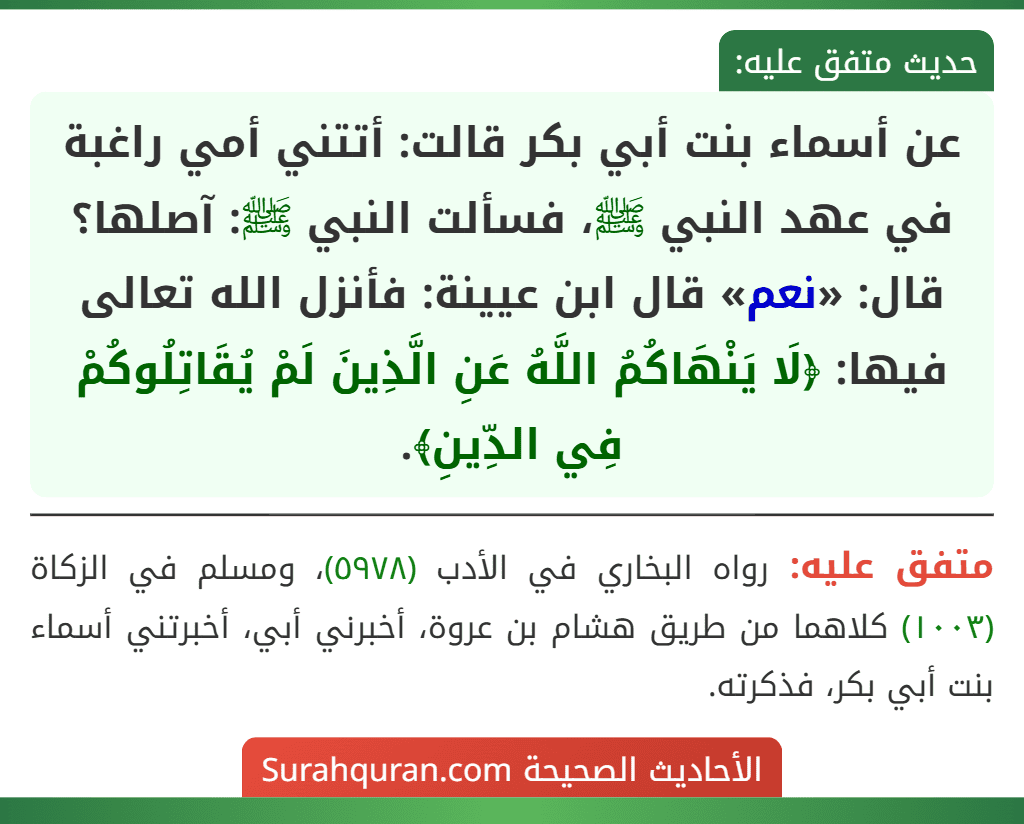 عن أسماء بنت أبي بكر قالت: أتتني أمي راغبة في عهد النبي ﷺ، فسألت النبي ﷺ: آصلها؟ قال: «نعم» قال ابن عيينة: فأنزل الله تعالى فيها: ﴿لَا يَنْهَاكُمُ اللَّهُ عَنِ الَّذِينَ لَمْ يُقَاتِلُوكُمْ فِي الدِّينِ﴾.