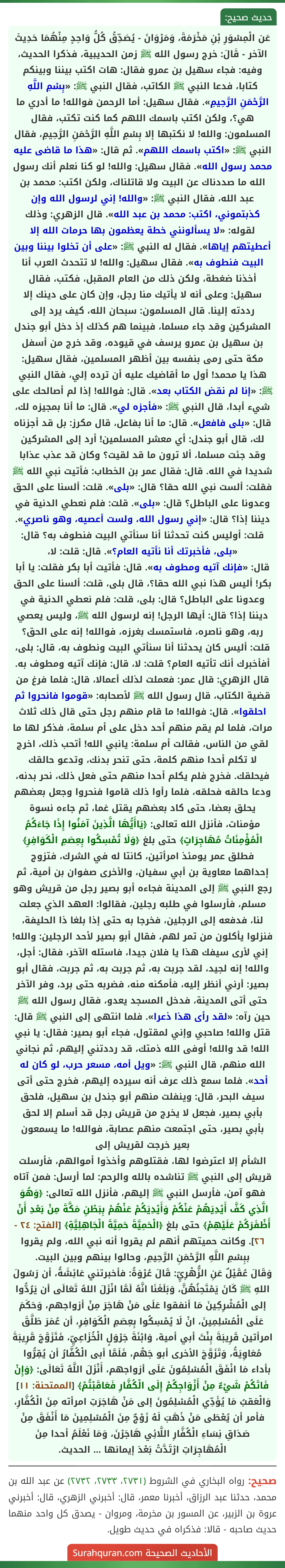 عَن الْمِسْوَرِ بْنِ مَخْرَمَةَ، وَمَرْوَانَ - يُصَدِّقُ كُلُّ وَاحِدٍ مِنْهُمَا حَدِيثَ الآخر - قَالَ: خرج رسول الله ﷺ زمن الحديبية، فذكرا الحديث، وفيه: فجاء سهيل بن عمرو فقال: هات اكتب بيننا وبينكم كتابا، فدعا النبي ﷺ الكاتب، فقال النبي ﷺ: «بِسْمِ اللَّهِ الرَّحْمَنِ الرَّحِيمِ». فقال سهيل: أما الرحمن فوالله! ما أدري ما هي؟، ولكن اكتب باسمك اللهم كما كنت تكتب، فقال المسلمون: والله! لا نكتبها إلا بِسْمِ اللَّهِ الرَّحْمَنِ الرَّحِيمِ، فقال النبي ﷺ: «اكتب باسمك اللهم». ثم قال: «هذا ما قاضى عليه محمد رسول الله». فقال سهيل: والله! لو كنا نعلم أنك رسول الله ما صددناك عن البيت ولا قاتلناك، ولكن اكتب: محمد بن عبد الله، فقال النبي ﷺ: «والله! إني لرسول الله وإن كذبتموني، اكتب: محمد بن عبد الله». قال الزهري: وذلك لقوله: «لا يسألونني خطة يعظمون بها حرمات الله إلا أعطيتهم إياها». فقال له النبي ﷺ: «على أن تخلوا بيننا وبين البيت فنطوف به». فقال سهيل: والله! لا تتحدث العرب أنا أخذنا ضغطة، ولكن ذلك من العام المقبل، فكتب، فقال سهيل: وعلى أنه لا يأتيك منا رجل، وإن كان على دينك إلا رددته إلينا. قال المسلمون: سبحان الله، كيف يرد إلى المشركين وقد جاء مسلما، فبينما هم كذلك إذ دخل أبو جندل بن سهيل بن عمرو يرسف في قيوده، وقد خرج من أسفل مكة حتى رمى بنفسه بين أظهر المسلمين، فقال سهيل: هذا يا محمد! أول ما أقاضيك عليه أن ترده إلي، فقال النبي ﷺ: «إنا لم نقض الكتاب بعد». قال: فوالله! إذا لم أصالحك على شيء أبدا، قال النبي ﷺ: «فأجزه لي». قال: ما أنا بمجيزه لك، قال: «بلى فافعل». قال: ما أنا بفاعل، قال مكرز: بل قد أجزناه لك، قال أبو جندل: أي معشر المسلمين! أرد إلى المشركين وقد جئت مسلما، ألا ترون ما قد لقيت؟ وكان قد عذب عذابا شديدا في الله. قال: فقال عمر بن الخطاب: فأتيت نبي الله ﷺ فقلت: ألست نبي الله حقا؟ قال: «بلى». قلت: ألسنا على الحق وعدونا على الباطل؟ قال: «بلى». قلت: فلم نعطي الدنية في ديننا إذا؟ قال: «إني رسول الله، ولست أعصيه، وهو ناصري». قلت: أوليس كنت تحدثنا أنا سنأتي البيت فنطوف به؟ قال: «بلى، فأخبرتك أنا نأتيه العام؟». قال: قلت: لا،
قال: «فإنك آتيه ومطوف به». قال: فأتيت أبا بكر فقلت: يا أبا بكر! أليس هذا نبي الله حقا؟، قال بلى، قلت: ألسنا على الحق وعدونا على الباطل؟ قال: بلى، قلت: فلم نعطي الدنية في ديننا إذا؟ قال: أيها الرجل! إنه لرسول الله ﷺ، وليس يعصي ربه، وهو ناصره، فاستمسك بغرزه، فوالله! إنه على الحق؟ قلت: أليس كان يحدثنا أنا سنأتي البيت ونطوف به، قال: بلى، أفأخبرك أنك تأتيه العام؟ قلت: لا، قال: فإنك آتيه ومطوف به. قال الزهري: قال عمر: فعملت لذلك أعمالا، قال: فلما فرغ من قضية الكتاب، قال رسول الله ﷺ لأصحابه: «قوموا فانحروا ثم احلقوا». قال: فوالله! ما قام منهم رجل حتى قال ذلك ثلاث مرات، فلما لم يقم منهم أحد دخل على أم سلمة، فذكر لها ما لقي من الناس، فقالت أم سلمة: يانبي الله! أتحب ذلك، اخرج لا تكلم أحدا منهم كلمة، حتى تنحر بدنك، وتدعو حالقك فيحلقك. فخرج فلم يكلم أحدا منهم حتى فعل ذلك، نحر بدنه، ودعا حالقه فحلقه، فلما رأوا ذلك قاموا فنحروا وجعل بعضهم يحلق بعضا، حتى كاد بعضهم يقتل غما، ثم جاءه نسوة مؤمنات، فأنزل الله تعالى: ﴿يَاأَيُّهَا الَّذِينَ آمَنُوا إِذَا جَاءَكُمُ الْمُؤْمِنَاتُ مُهَاجِرَاتٍ﴾ حتى بلغ ﴿وَلَا تُمْسِكُوا بِعِصَمِ الْكَوَافِرِ﴾ فطلق عمر يومئذ امرأتين، كانتا له في الشرك، فتزوج إحداهما معاوية بن أبي سفيان، والأخرى صفوان بن أمية، ثم رجع النبي ﷺ إلى المدينة فجاءه أبو بصير رجل من قريش وهو مسلم، فأرسلوا في طلبه رجلين، فقالوا: العهد الذي جعلت لنا، فدفعه إلى الرجلين، فخرجا به حتى إذا بلغا ذا الحليفة، فنزلوا يأكلون من تمر لهم، فقال أبو بصير لأحد الرجلين: والله! إني لأرى سيفك هذا يا فلان جيدا، فاستله الآخر، فقال: أجل، والله! إنه لجيد، لقد جربت به، ثم جربت به، ثم جربت، فقال أبو بصير: أرني أنظر إليه، فأمكنه منه، فضربه حتى برد، وفر الآخر حتى أتى المدينة، فدخل المسجد يعدو، فقال رسول الله ﷺ حين رآه: «لقد رأى هذا ذعرا». فلما انتهى إلى النبي ﷺ قال: قتل والله! صاحبي وإني لمقتول، فجاء أبو بصير: فقال: يا نبي الله! قد والله! أوفى الله ذمتك، قد رددتني إليهم، ثم نجاني الله منهم، قال النبي ﷺ: «ويل أمه، مسعر حرب، لو كان له أحد». فلما سمع ذلك عرف أنه سيرده إليهم، فخرج حتى أتى سيف البحر، قال: وينفلت منهم أبو جندل بن سهيل، فلحق بأبي بصير، فجعل لا يخرج من قريش رجل قد أسلم إلا لحق بأبي بصير، حتى اجتمعت منهم عصابة، فوالله! ما يسمعون بعير خرجت لقريش إلى
الشأم إلا اعترضوا لها، فقتلوهم وأخذوا أموالهم، فأرسلت قريش إلى النبي ﷺ تناشده بالله والرحم: لما أرسل: فمن آتاه فهو آمن، فأرسل النبي ﷺ إليهم، فأنزل الله تعالى: ﴿وَهُوَ الَّذِي كَفَّ أَيْدِيَهُمْ عَنْكُمْ وَأَيْدِيَكُمْ عَنْهُمْ بِبَطْنِ مَكَّةَ مِنْ بَعْدِ أَنْ أَظْفَرَكُمْ عَلَيْهِمْ﴾ حتى بلغ ﴿الْحَمِيَّةَ حَمِيَّةَ الْجَاهِلِيَّةِ﴾ [الفتح: ٢٤ - ٢٦]. وكانت حميتهم أنهم لم يقروا أنه نبي الله، ولم يقروا ببِسْمِ اللَّهِ الرَّحْمَنِ الرَّحِيمِ، وحالوا بينهم وبين البيت.
وَقَالَ عُقَيْلٌ عَنِ الزُّهْرِيِّ: قَالَ عُرْوَةُ: فأخبرتني عَائِشَةُ، أن رَسُولَ اللهِ ﷺ كَانَ يَمْتَحِنُهُنَّ، وَبَلَغَنَا انَّهُ لَمَّا انْزَلَ اللهُ تَعَالَى أن يَرُدُّوا إلى الْمُشْرِكِينَ مَا أنفقوا عَلَى مَنْ هَاجَرَ مِنْ أزواجهم، وَحَكَمَ عَلَى الْمُسْلِمِينَ، انْ لَا يُمْسِكُوا بِعِصَمِ الْكَوَافِرِ، أن عُمَرَ طَلَّقَ امرأتين قَرِيبَةَ بِنْتَ أبي أمية، وَابْنَةَ جَرْوَلٍ الْخُزَاعِيِّ، فَتَزَوَّجَ قَرِيبَةَ مُعَاوِيَةُ، وَتَزَوَّجَ الأخرى أبو جَهْم، فَلَمَّا أبى الْكُفَّارُ أن يُقِرُّوا بأداء مَا انْفَقَ الْمُسْلِمُونَ عَلَى أزواجهم، أَنْزَلَ اللَّهُ تَعَالَى: ﴿وَإِنْ فَاتَكُمْ شَيْءٌ مِنْ أَزْوَاجِكُمْ إِلَى الْكُفَّارِ فَعَاقَبْتُمْ﴾ [الممتحنة: ١١] وَالْعَقبُ مَا يُؤَدِّي الْمُسْلِمُونَ إلى مَنْ هَاجَرَتِ امرأته مِنَ الْكُفَّارِ، فأمر أن يُعْطَى مَنْ ذَهَبَ لَهُ زَوْجٌ مِنَ الْمُسْلِمِينَ مَا أَنْفَقَ مِنْ صَدَاقِ نِسَاءِ الْكُفَّارِ اللَّائِي هَاجَرْنَ، وَمَا نَعْلَمُ أحدا مِنَ الْمُهَاجِرَاتِ ارْتَدَّتْ بَعْدَ إيمانها ... الحديث.