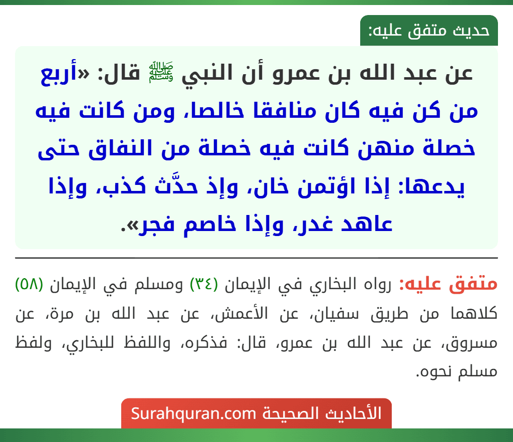 عن عبد الله بن عمرو أن النبي ﷺ قال: «أربع من كن فيه كان منافقا خالصا، ومن كانت فيه خصلة منهن كانت فيه خصلة من النفاق حتى يدعها: إذا اؤتمن خان، وإذ حدَّث كذب، وإذا عاهد غدر، وإذا خاصم فجر».