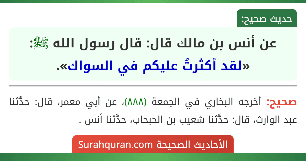عن أنس بن مالك قال: قال رسول الله ﷺ: «لقد أكثرتُ عليكم في السواك». عن أنس بن مالك قال: قال رسول الله ﷺ: «لقد أكثرتُ عليكم في السواك».