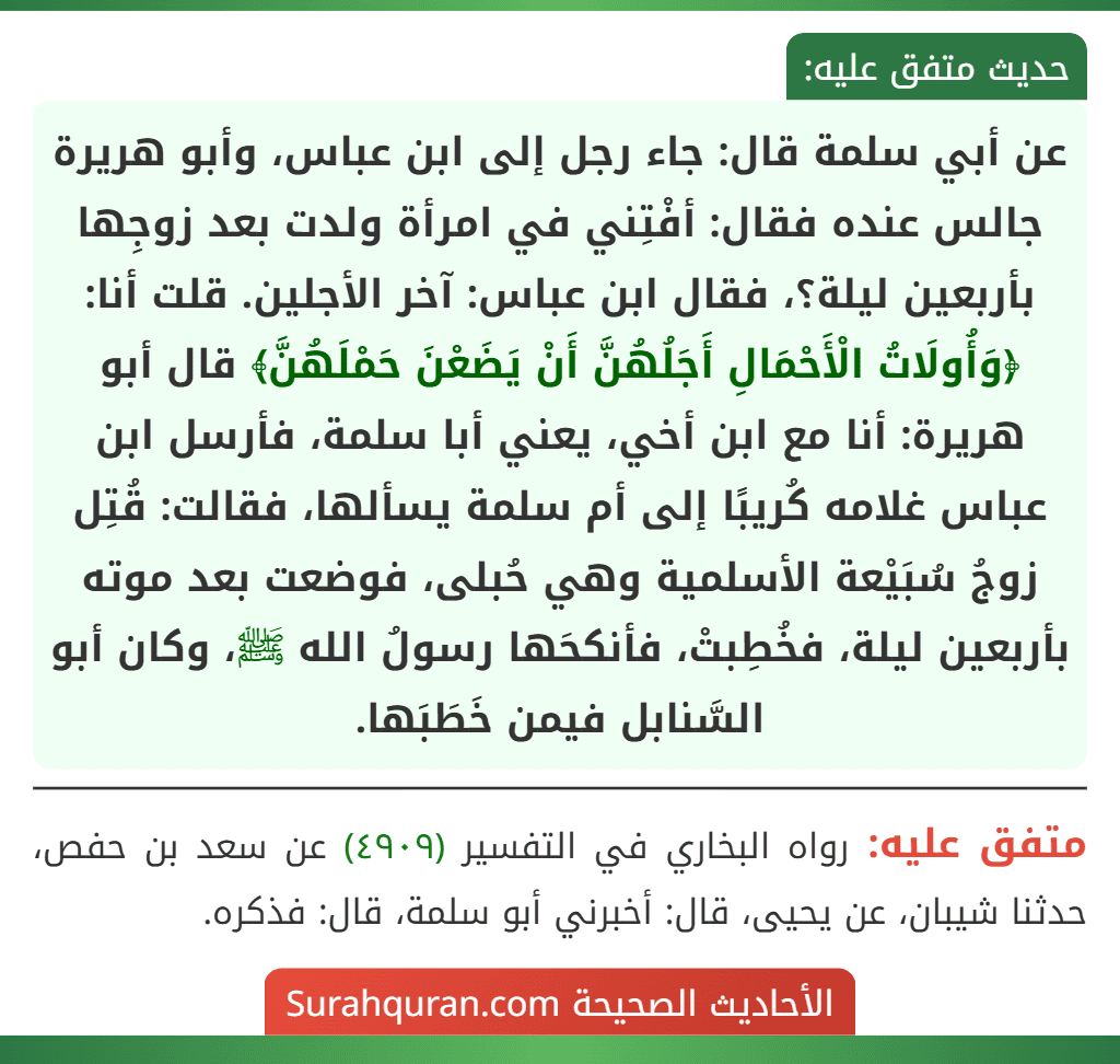 عن أبي سلمة قال: جاء رجل إلى ابن عباس، وأبو هريرة جالس عنده فقال: أفْتِني في امرأة ولدت بعد زوجِها بأربعين ليلة؟، فقال ابن عباس: آخر الأجلين. قلت أنا: ﴿وَأُولَاتُ الْأَحْمَالِ أَجَلُهُنَّ أَنْ يَضَعْنَ حَمْلَهُنَّ﴾ قال أبو هريرة: أنا مع ابن أخي، يعني أبا سلمة، فأرسل ابن عباس غلامه كُريبًا إلى أم سلمة يسألها، فقالت: قُتِل زوجُ سُبَيْعة الأسلمية وهي حُبلى، فوضعت بعد موته بأربعين ليلة، فخُطِبتْ، فأنكحَها رسولُ الله ﷺ، وكان أبو السَّنابل فيمن خَطَبَها. عن أبي سلمة قال: جاء رجل إلى ابن عباس، وأبو هريرة جالس عنده فقال: أفْتِني في امرأة ولدت بعد زوجِها بأربعين ليلة؟، فقال ابن عباس: آخر الأجلين. قلت أنا: ﴿وَأُولَاتُ الْأَحْمَالِ أَجَلُهُنَّ أَنْ يَضَعْنَ حَمْلَهُنَّ﴾ قال أبو هريرة: أنا مع ابن أخي، يعني أبا سلمة، فأرسل ابن عباس غلامه كُريبًا إلى أم سلمة يسألها، فقالت: قُتِل زوجُ سُبَيْعة الأسلمية وهي حُبلى، فوضعت بعد موته بأربعين ليلة، فخُطِبتْ، فأنكحَها رسولُ الله ﷺ، وكان أبو السَّنابل فيمن خَطَبَها.