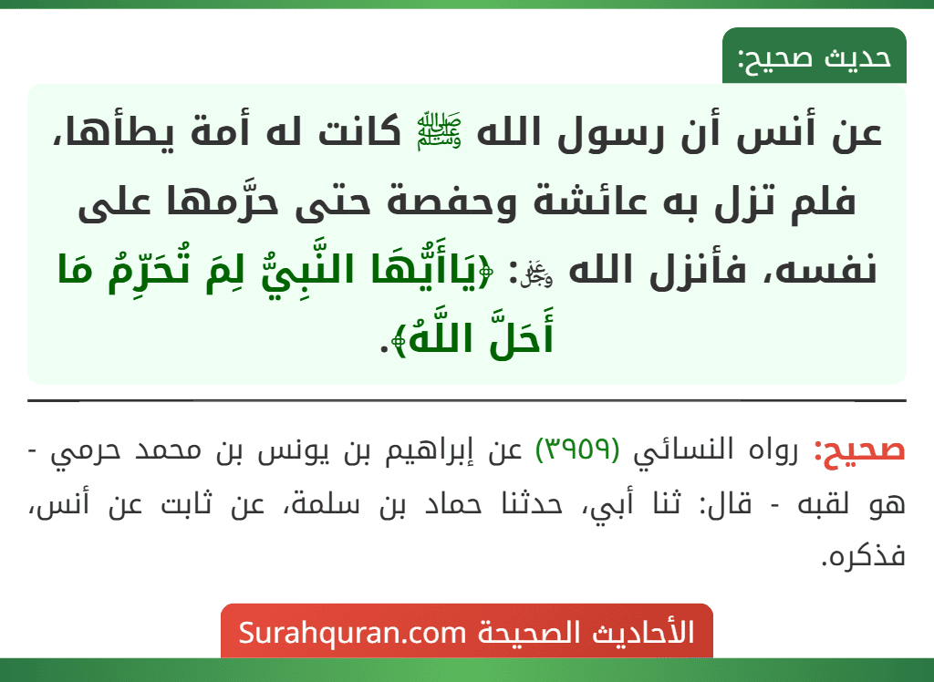 عن أنس أن رسول الله ﷺ كانت له أمة يطأها، فلم تزل به عائشة وحفصة حتى حرَّمها على نفسه، فأنزل الله ﷿: ﴿يَاأَيُّهَا النَّبِيُّ لِمَ تُحَرِّمُ مَا أَحَلَّ اللَّهُ﴾.