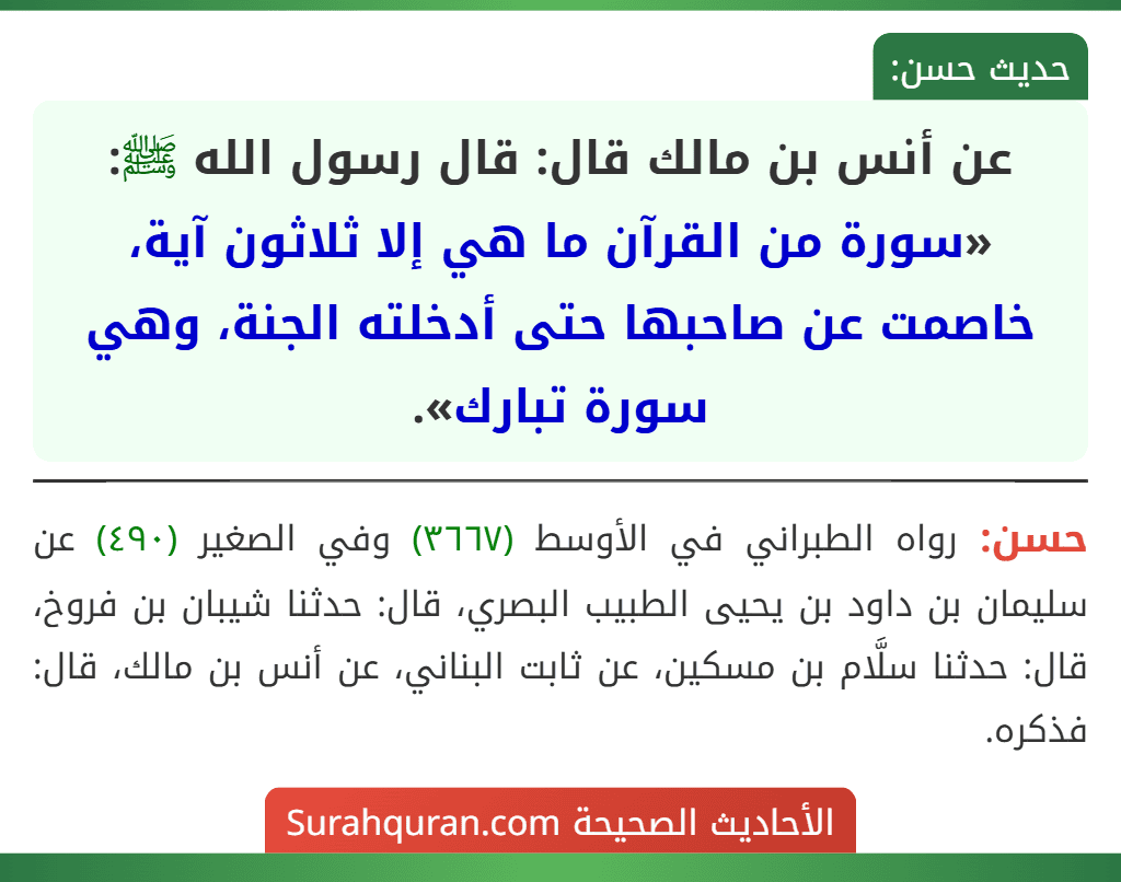 عن أنس بن مالك قال: قال رسول الله ﷺ: «سورة من القرآن ما هي إلا ثلاثون آية، خاصمت عن صاحبها حتى أدخلته الجنة، وهي سورة تبارك».