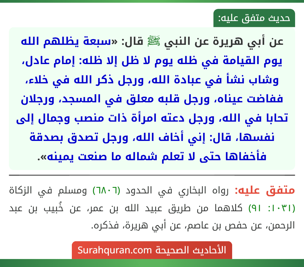عن أبي هريرة عن النبي ﷺ قال: «سبعة يظلهم الله يوم القيامة في ظله يوم لا ظل إلا ظله: إمام عادل، وشاب نشأ في عبادة الله، ورجل ذكر الله في خلاء، ففاضت عيناه، ورجل قلبه معلق في المسجد، ورجلان تحابا في الله، ورجل دعته امرأة ذات منصب وجمال إلى نفسها، قال: إني أخاف الله، ورجل تصدق بصدقة فأخفاها حتى لا تعلم شماله ما صنعت يمينه».