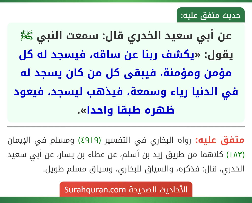 عن أبي سعيد الخدري قال: سمعت النبي ﷺ يقول: «يكشف ربنا عن ساقه، فيسجد له كل مؤمن ومؤمنة، فيبقى كل من كان يسجد له في الدنيا رياء وسمعة، فيذهب ليسجد، فيعود ظهره طبقا واحدا».