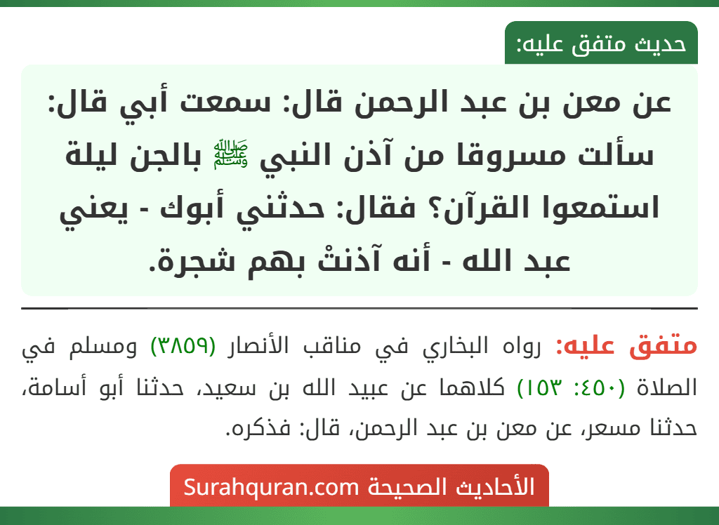 عن معن بن عبد الرحمن قال: سمعت أبي قال: سألت مسروقا من آذن النبي ﷺ بالجن ليلة استمعوا القرآن؟ فقال: حدثني أبوك - يعني عبد الله - أنه آذنتْ بهم شجرة. عن معن بن عبد الرحمن قال: سمعت أبي قال: سألت مسروقا من آذن النبي ﷺ بالجن ليلة استمعوا القرآن؟ فقال: حدثني أبوك - يعني عبد الله - أنه آذنتْ بهم شجرة.
