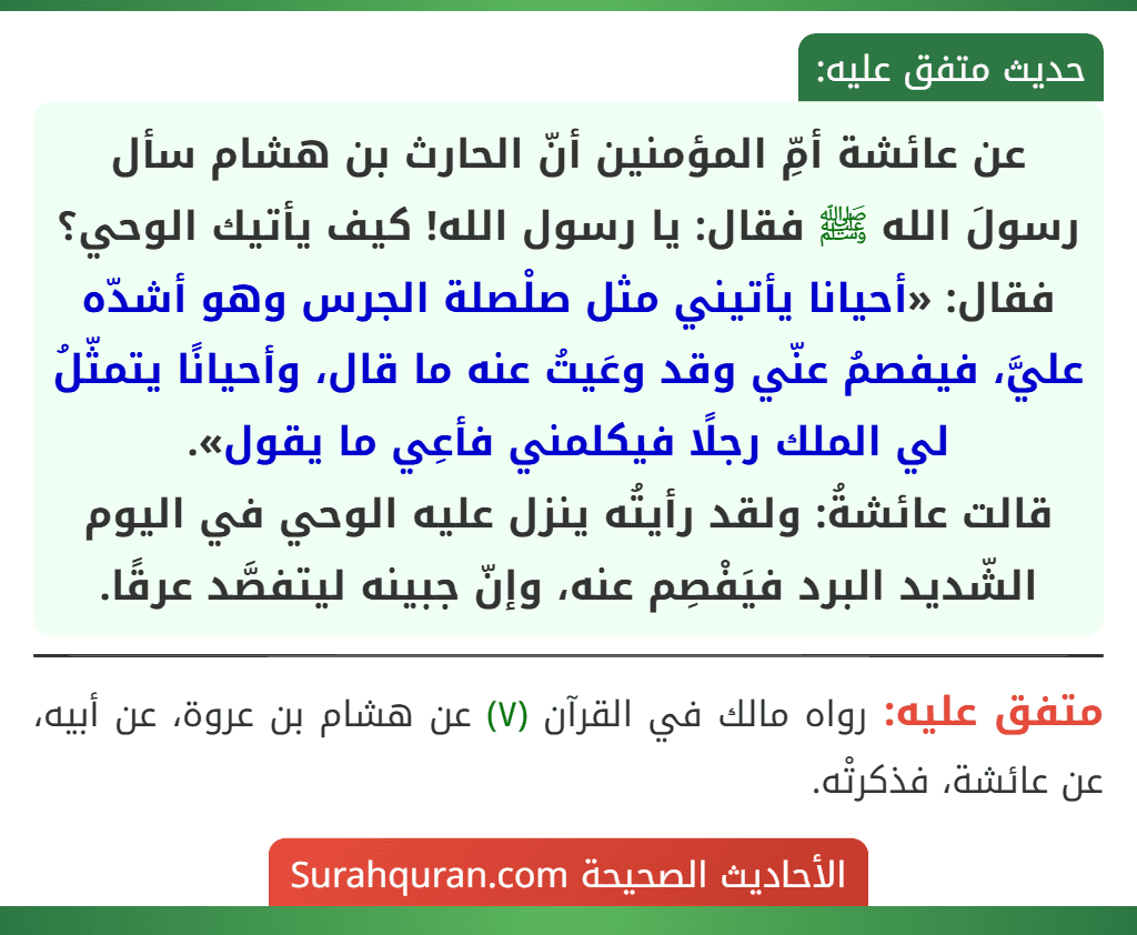 عن عائشة أمِّ المؤمنين أنّ الحارث بن هشام سأل رسولَ الله ﷺ فقال: يا رسول الله! كيف يأتيك الوحي؟ فقال: «أحيانا يأتيني مثل صلْصلة الجرس وهو أشدّه عليَّ، فيفصمُ عنّي وقد وعَيتُ عنه ما قال، وأحيانًا يتمثّلُ لي الملك رجلًا فيكلمني فأعِي ما يقول».
قالت عائشةُ: ولقد رأيتُه ينزل عليه الوحي في اليوم الشّديد البرد فيَفْصِم عنه، وإنّ جبينه ليتفصَّد عرقًا.