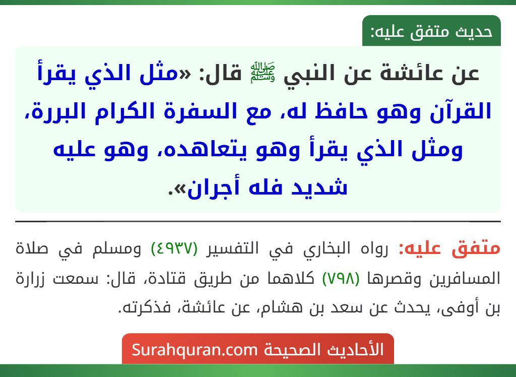 عن عائشة عن النبي ﷺ قال: «مثل الذي يقرأ القرآن وهو حافظ له، مع السفرة الكرام البررة، ومثل الذي يقرأ وهو يتعاهده، وهو عليه شديد فله أجران». عن عائشة عن النبي ﷺ قال: «مثل الذي يقرأ القرآن وهو حافظ له، مع السفرة الكرام البررة، ومثل الذي يقرأ وهو يتعاهده، وهو عليه شديد فله أجران».