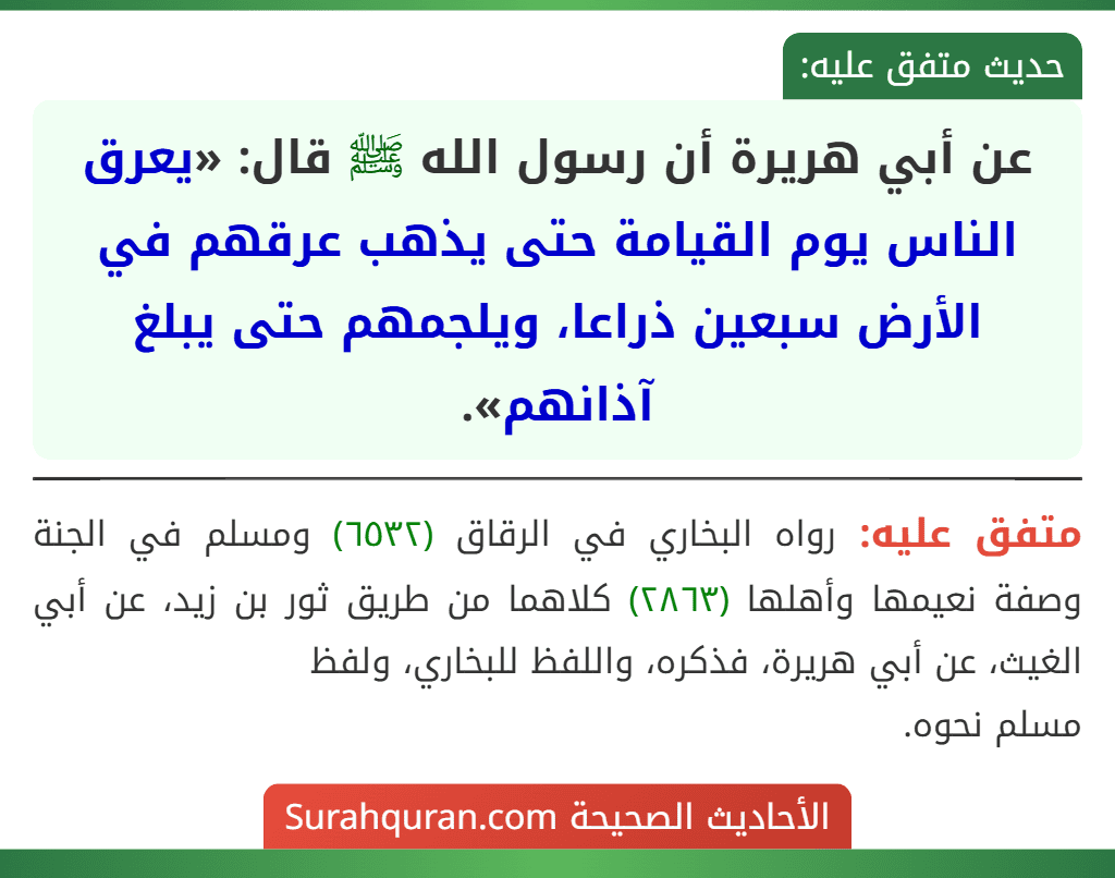 عن أبي هريرة أن رسول الله ﷺ قال: «يعرق الناس يوم القيامة حتى يذهب عرقهم في الأرض سبعين ذراعا، ويلجمهم حتى يبلغ آذانهم».