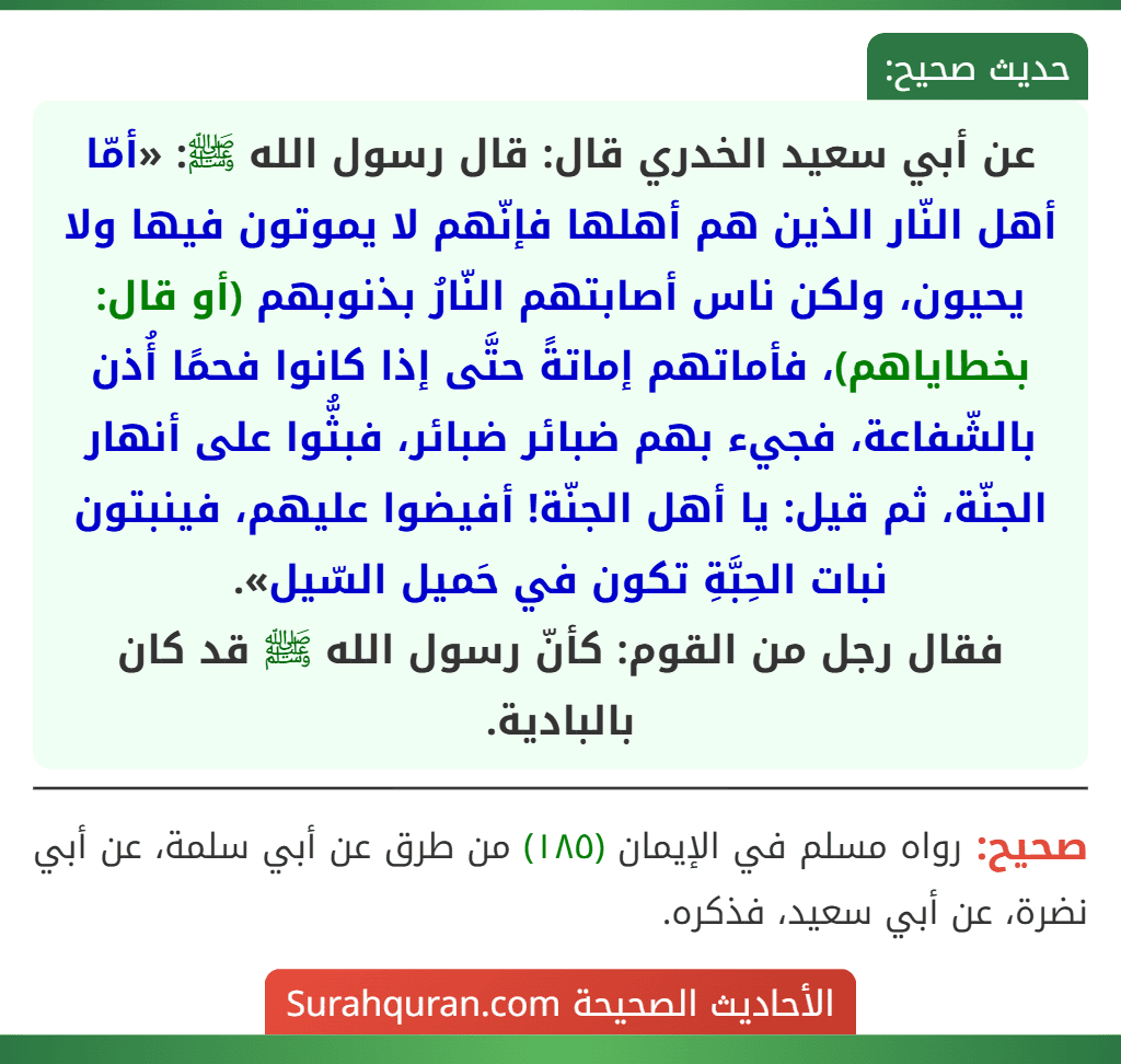 عن أبي سعيد الخدري قال: قال رسول الله ﷺ: «أمّا أهل النّار الذين هم أهلها فإنّهم لا يموتون فيها ولا يحيون، ولكن ناس أصابتهم النّارُ بذنوبهم (أو قال: بخطاياهم)، فأماتهم إماتةً حتَّى إذا كانوا فحمًا أُذن بالشّفاعة، فجيء بهم ضبائر ضبائر، فبثُّوا على أنهار الجنّة، ثم قيل: يا أهل الجنّة! أفيضوا عليهم، فينبتون نبات الحِبَّةِ تكون في حَميل السّيل».
فقال رجل من القوم: كأنّ رسول الله ﷺ قد كان بالبادية.