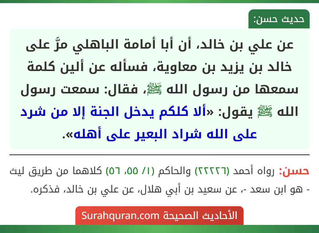 عن علي بن خالد، أن أبا أمامة الباهلي مرَّ على خالد بن يزيد بن معاوية، فسأله عن ألين كلمة سمعها من رسول الله ﷺ، فقال: سمعت رسول الله ﷺ يقول: «ألا كلكم يدخل الجنة إلا من شرد على الله شراد البعير على أهله».