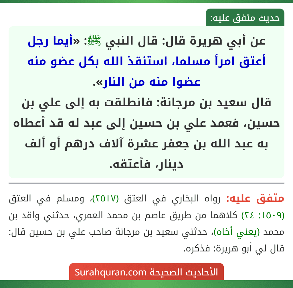 عن أبي هريرة قال: قال النبي ﷺ: «أيما رجل أعتق امرأ مسلما، استنقذ الله بكل عضو منه عضوا منه من النار».
قال سعيد بن مرجانة: فانطلقت به إلى علي بن حسين، فعمد علي بن حسين إلى عبد له قد أعطاه به عبد الله بن جعفر عشرة آلاف درهم أو ألف دينار، فأعتقه. عن أبي هريرة قال: قال النبي ﷺ: «أيما رجل أعتق امرأ مسلما، استنقذ الله بكل عضو منه عضوا منه من النار».
قال سعيد بن مرجانة: فانطلقت به إلى علي بن حسين، فعمد علي بن حسين إلى عبد له قد أعطاه به عبد الله بن جعفر عشرة آلاف درهم أو ألف دينار، فأعتقه.