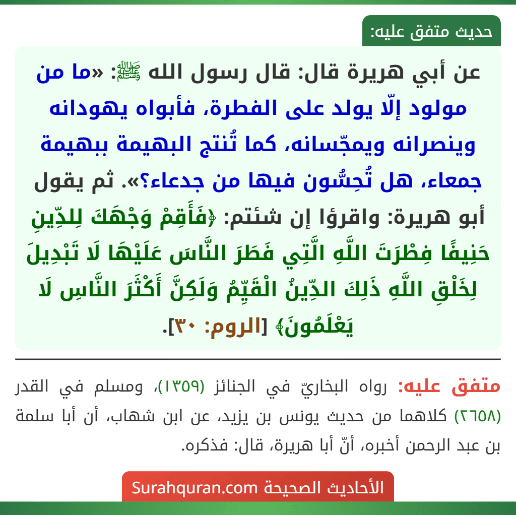 عن أبي هريرة قال: قال رسول الله ﷺ: «ما من مولود إلّا يولد على الفطرة، فأبواه يهودانه وينصرانه ويمجّسانه، كما تُنتج البهيمة ببهيمة جمعاء، هل تُحِسُّون فيها من جدعاء؟». ثم يقول أبو هريرة: واقرؤا إن شئتم: ﴿فَأَقِمْ وَجْهَكَ لِلدِّينِ حَنِيفًا فِطْرَتَ اللَّهِ الَّتِي فَطَرَ النَّاسَ عَلَيْهَا لَا تَبْدِيلَ لِخَلْقِ اللَّهِ ذَلِكَ الدِّينُ الْقَيِّمُ وَلَكِنَّ أَكْثَرَ النَّاسِ لَا يَعْلَمُونَ﴾ [الروم: ٣٠].