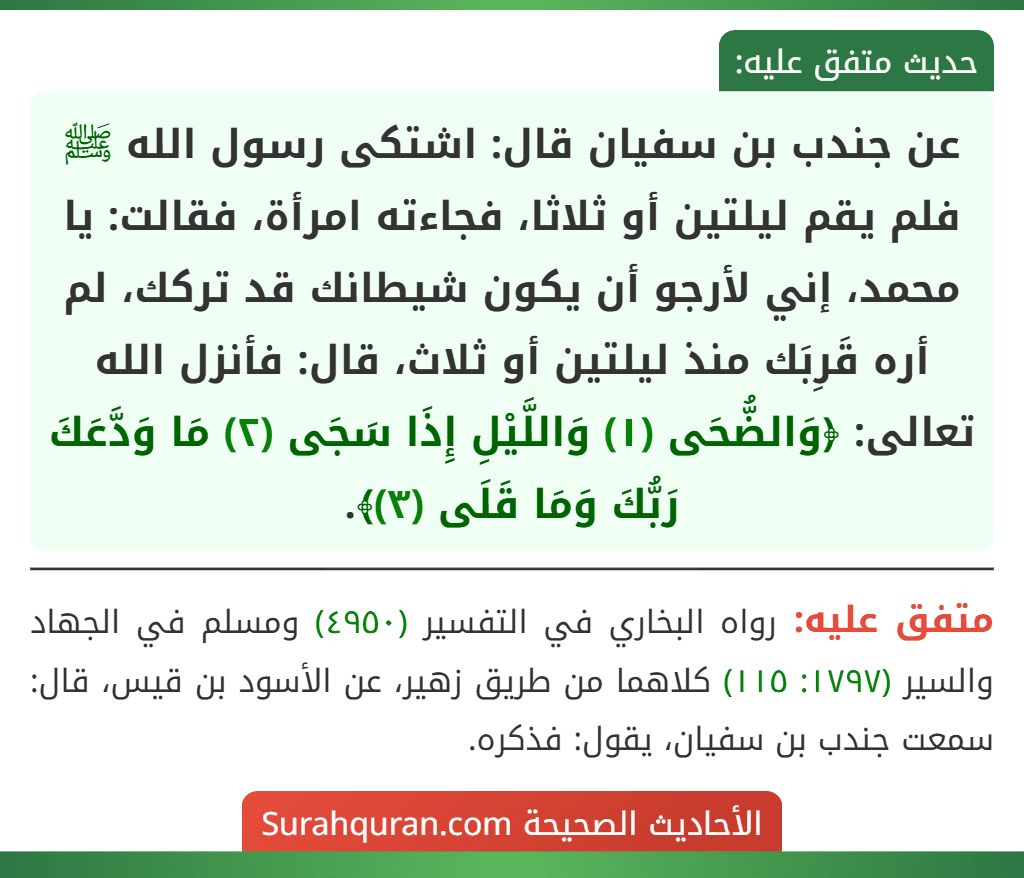 عن جندب بن سفيان قال: اشتكى رسول الله ﷺ فلم يقم ليلتين أو ثلاثا، فجاءته امرأة، فقالت: يا محمد، إني لأرجو أن يكون شيطانك قد تركك، لم أره قَرِبَك منذ ليلتين أو ثلاث، قال: فأنزل الله تعالى: ﴿وَالضُّحَى (١) وَاللَّيْلِ إِذَا سَجَى (٢) مَا وَدَّعَكَ رَبُّكَ وَمَا قَلَى (٣)﴾.