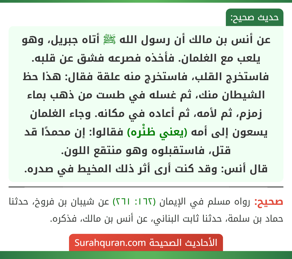 عن أنس بن مالك أن رسول الله ﷺ أتاه جبريل، وهو يلعب مع الغلمان. فأخذه فصرعه فشق عن قلبه. فاستخرج القلب، فاستخرج منه علقة فقال: هذا حظ الشيطان منك، ثم غسله في طست من ذهب بماء زمزم، ثم لأمه، ثم أعاده في مكانه. وجاء الغلمان يسعون إلى أمه (يعني ظئْره) فقالوا: إن محمدًا قد قتل، فاستقبلوه وهو منتقع اللون.
قال أنس: وقد كنت أرى أثر ذلك المخيط في صدره.