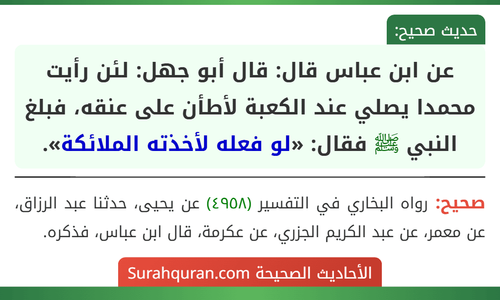 عن ابن عباس قال: قال أبو جهل: لئن رأيت محمدا يصلي عند الكعبة لأطأن على عنقه، فبلغ النبي ﷺ فقال: «لو فعله لأخذته الملائكة».