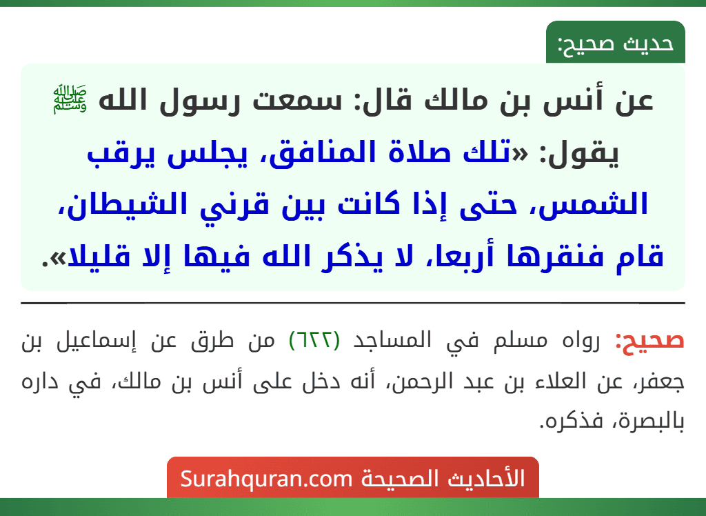 عن أنس بن مالك قال: سمعت رسول الله ﷺ يقول: «تلك صلاة المنافق، يجلس يرقب الشمس، حتى إذا كانت بين قرني الشيطان، قام فنقرها أربعا، لا يذكر الله فيها إلا قليلا».