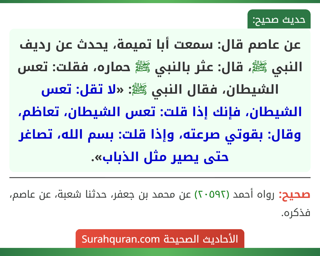 عن عاصم قال: سمعت أبا تميمة، يحدث عن رديف النبي ﷺ، قال: عثر بالنبي ﷺ حماره، فقلت: تعس الشيطان، فقال النبي ﷺ: «لا تقل: تعس الشيطان، فإنك إذا قلت: تعس الشيطان، تعاظم، وقال: بقوتي صرعته، وإذا قلت: بسم الله، تصاغر حتى يصير مثل الذباب».