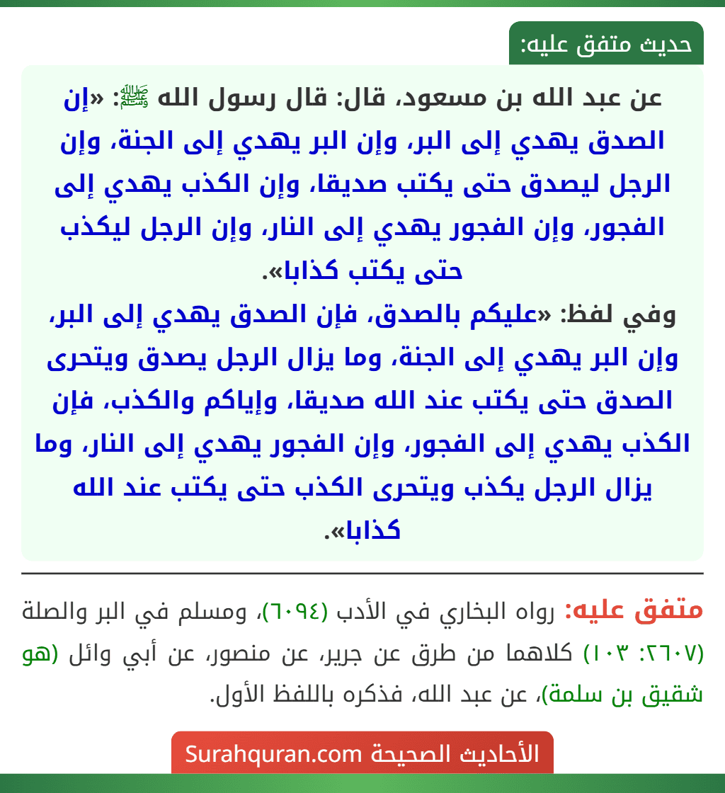 عن عبد الله بن مسعود، قال: قال رسول الله ﷺ: «إن الصدق يهدي إلى البر، وإن البر يهدي إلى الجنة، وإن الرجل ليصدق حتى يكتب صديقا، وإن الكذب يهدي إلى الفجور، وإن الفجور يهدي إلى النار، وإن الرجل ليكذب حتى يكتب كذابا».
وفي لفظ: «عليكم بالصدق، فإن الصدق يهدي إلى البر، وإن البر يهدي إلى الجنة، وما يزال الرجل يصدق ويتحرى الصدق حتى يكتب عند الله صديقا، وإياكم والكذب، فإن الكذب يهدي إلى الفجور، وإن الفجور يهدي إلى النار، وما يزال الرجل يكذب ويتحرى الكذب حتى يكتب عند الله كذابا».