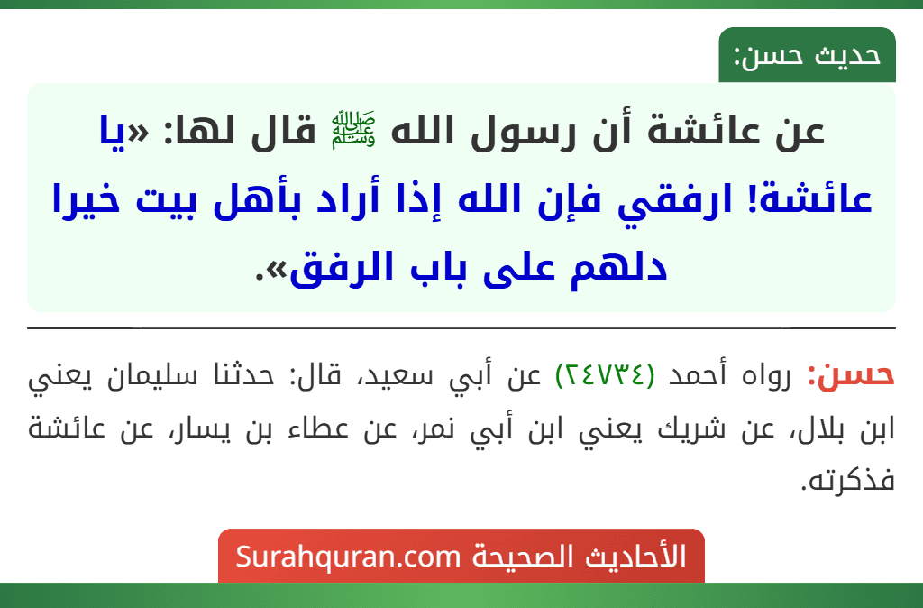 عن عائشة أن رسول الله ﷺ قال لها: «يا عائشة! ارفقي فإن الله إذا أراد بأهل بيت خيرا دلهم على باب الرفق».