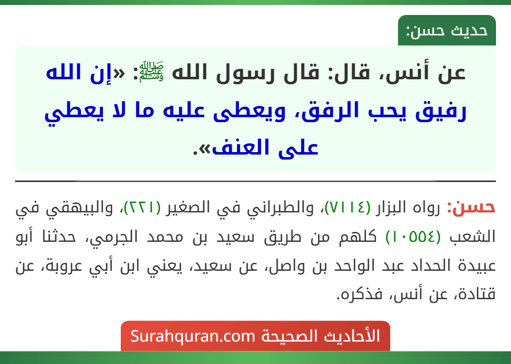 عن أنس، قال: قال رسول الله ﷺ: «إن الله رفيق يحب الرفق، ويعطى عليه ما لا يعطي على العنف». عن أنس، قال: قال رسول الله ﷺ: «إن الله رفيق يحب الرفق، ويعطى عليه ما لا يعطي على العنف».