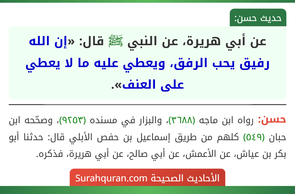 عن أبي هريرة، عن النبي ﷺ قال: «إن الله رفيق يحب الرفق، ويعطي عليه ما لا يعطي على العنف».