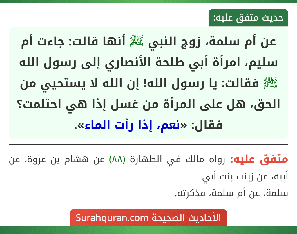 عن أم سلمة، زوج النبي ﷺ أنها قالت: جاءت أم سليم، امرأة أبي طلحة الأنصاري إلى رسول الله ﷺ فقالت: يا رسول الله! إن الله لا يستحيي من الحق، هل على المرأة من غسل إذا هي احتلمت؟ فقال: «نعم، إذا رأت الماء».