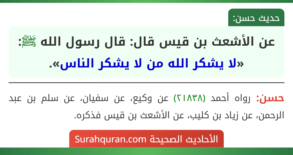عن الأشعث بن قيس قال: قال رسول الله ﷺ: «لا يشكر الله من لا يشكر الناس».