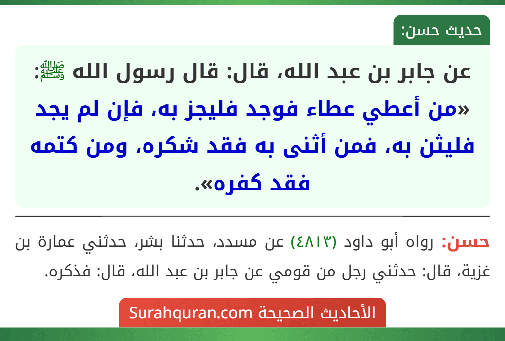 عن جابر بن عبد الله، قال: قال رسول الله ﷺ: «من أعطي عطاء فوجد فليجز به، فإن لم يجد فليثن به، فمن أثنى به فقد شكره، ومن كتمه فقد كفره».