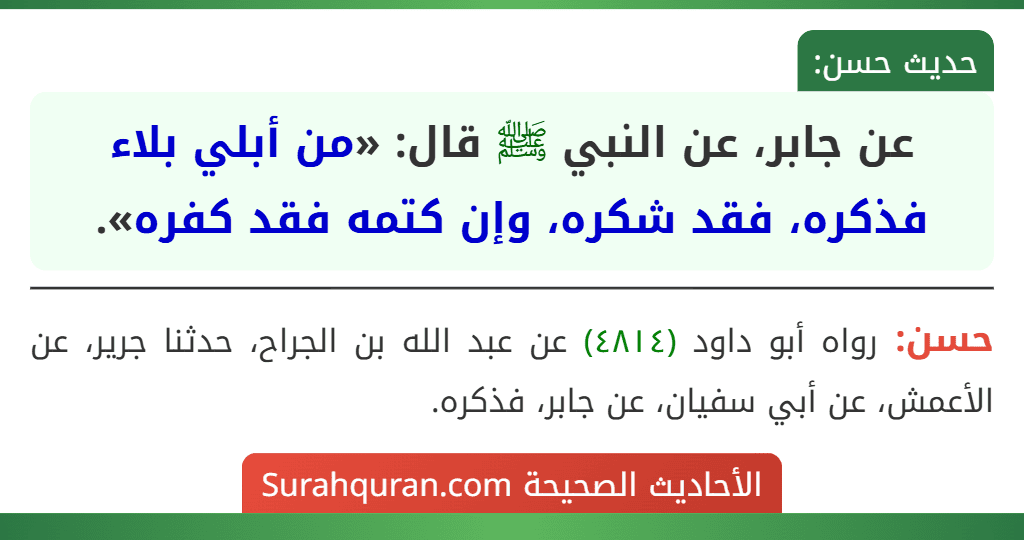 عن جابر، عن النبي ﷺ قال: «من أبلي بلاء فذكره، فقد شكره، وإن كتمه فقد كفره».