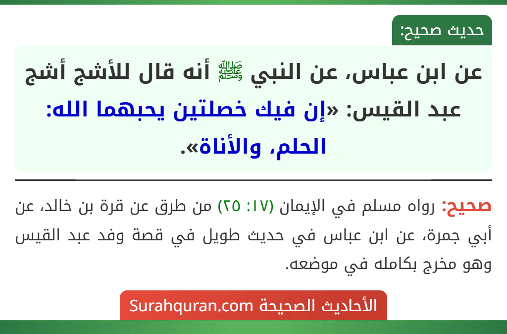 عن ابن عباس، عن النبي ﷺ أنه قال للأشج أشج عبد القيس: «إن فيك خصلتين يحبهما الله: الحلم، والأناة».
