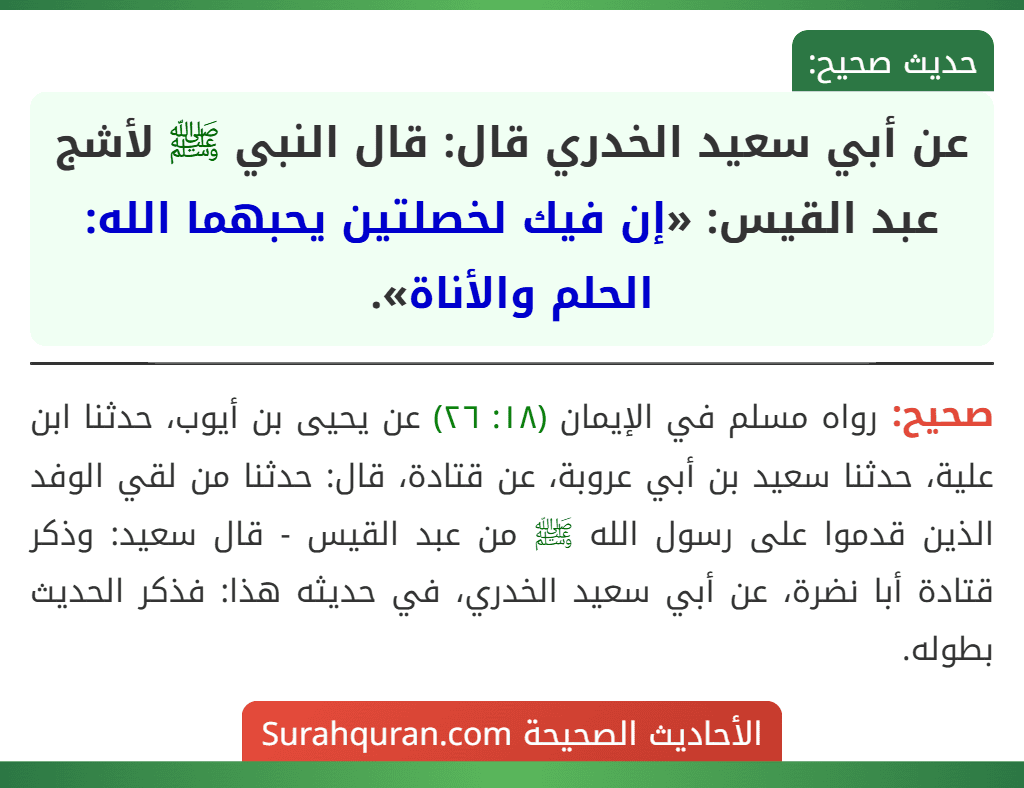عن أبي سعيد الخدري قال: قال النبي ﷺ لأشج عبد القيس: «إن فيك لخصلتين يحبهما الله: الحلم والأناة».
