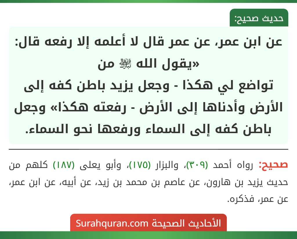 عن ابن عمر، عن عمر قال لا أعلمه إلا رفعه قال: «يقول الله ﵎ من
تواضع لي هكذا - وجعل يزيد باطن كفه إلى الأرض وأدناها إلى الأرض - رفعته هكذا» وجعل باطن كفه إلى السماء ورفعها نحو السماء.