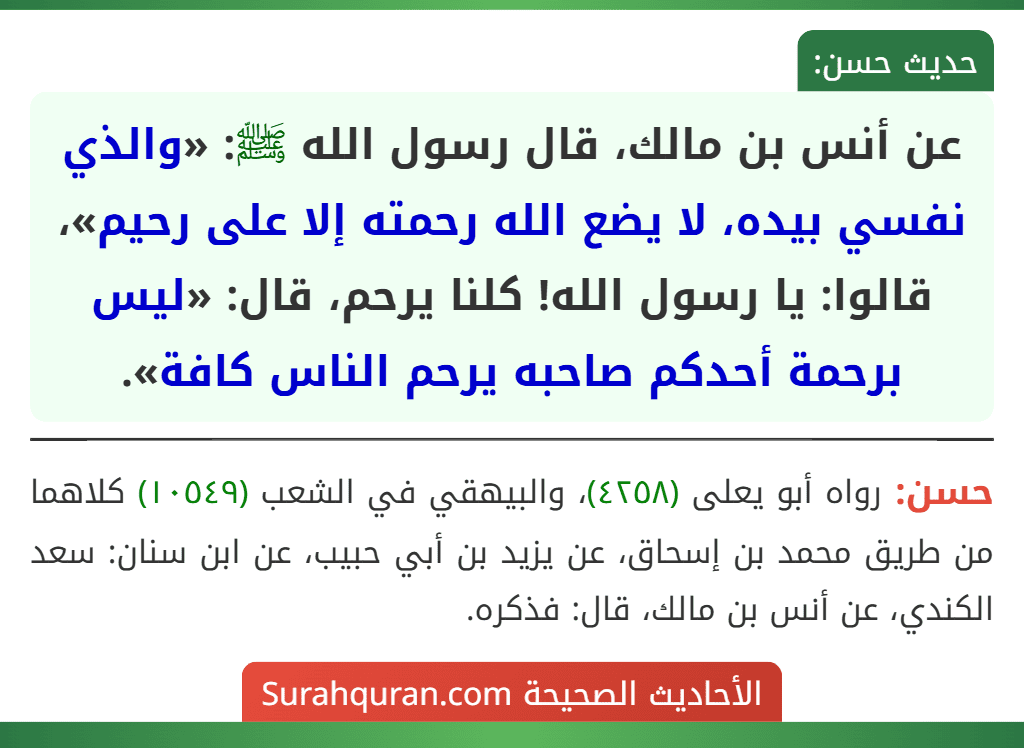 عن أنس بن مالك، قال رسول الله ﷺ: «والذي نفسي بيده، لا يضع الله رحمته إلا على رحيم»، قالوا: يا رسول الله! كلنا يرحم، قال: «ليس برحمة أحدكم صاحبه يرحم الناس كافة». عن أنس بن مالك، قال رسول الله ﷺ: «والذي نفسي بيده، لا يضع الله رحمته إلا على رحيم»، قالوا: يا رسول الله! كلنا يرحم، قال: «ليس برحمة أحدكم صاحبه يرحم الناس كافة».