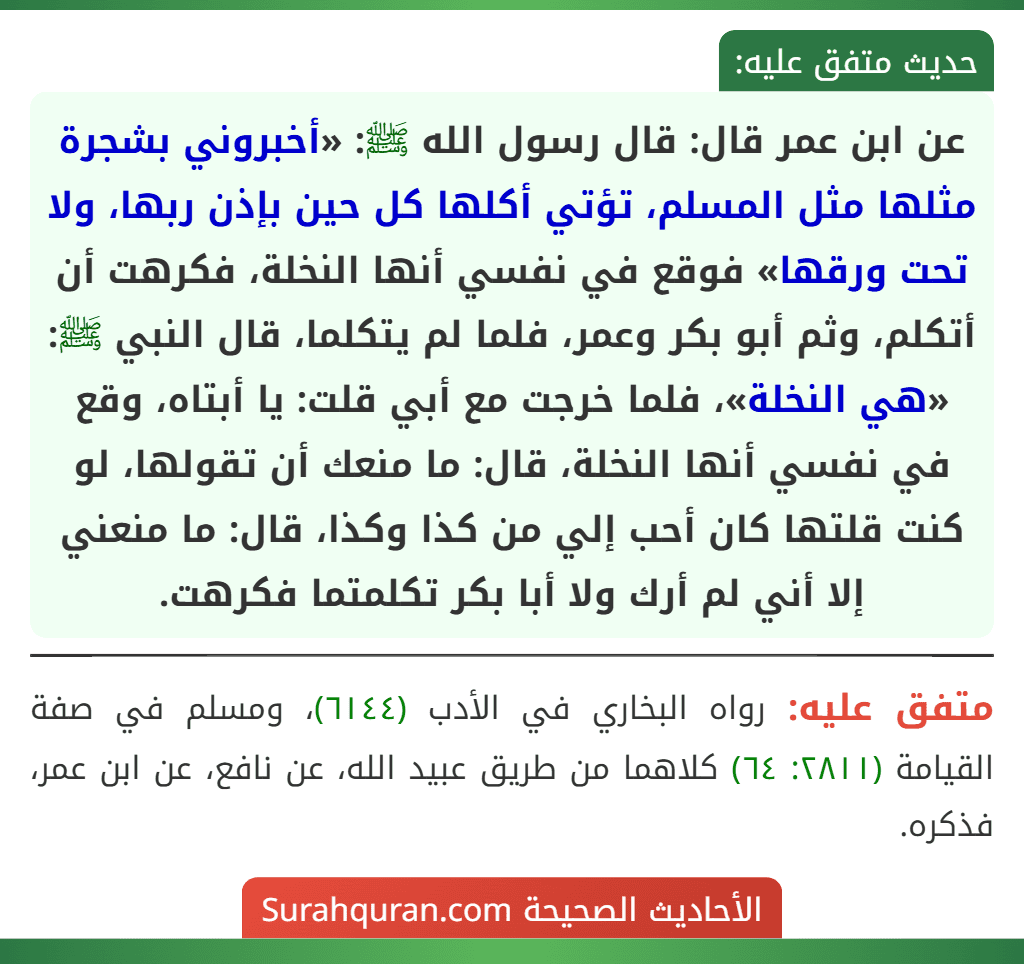 عن ابن عمر قال: قال رسول الله ﷺ: «أخبروني بشجرة مثلها مثل المسلم، تؤتي أكلها كل حين بإذن ربها، ولا تحت ورقها» فوقع في نفسي أنها النخلة، فكرهت أن أتكلم، وثم أبو بكر وعمر، فلما لم يتكلما، قال النبي ﷺ: «هي النخلة»، فلما خرجت مع أبي قلت: يا أبتاه، وقع في نفسي أنها النخلة، قال: ما منعك أن تقولها، لو كنت قلتها كان أحب إلي من كذا وكذا، قال: ما منعني إلا أني لم أرك ولا أبا بكر تكلمتما فكرهت.