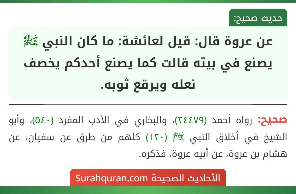 عن عروة قال: قيل لعائشة: ما كان النبي ﷺ يصنع في بيته قالت كما يصنع أحدكم يخصف نعله ويرقع ثوبه.