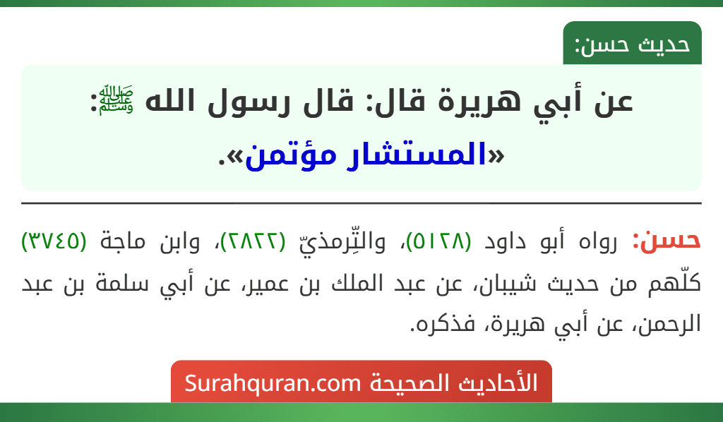 عن أبي هريرة قال: قال رسول الله ﷺ: «المستشار مؤتمن».