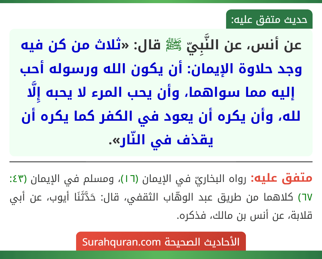 عن أنس، عن النَّبِيّ ﷺ قال: «ثلاث من كن فيه وجد حلاوة الإيمان: أن يكون الله ورسوله أحب إليه مما سواهما، وأن يحب المرء لا يحبه إِلَّا لله، وأن يكره أن يعود في الكفر كما يكره أن يقذف في النّار». عن أنس، عن النَّبِيّ ﷺ قال: «ثلاث من كن فيه وجد حلاوة الإيمان: أن يكون الله ورسوله أحب إليه مما سواهما، وأن يحب المرء لا يحبه إِلَّا لله، وأن يكره أن يعود في الكفر كما يكره أن يقذف في النّار».
