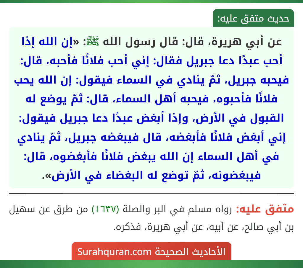 عن أبي هريرة، قال: قال رسول الله ﷺ: «إن الله إذا أحب عبدًا دعا جبريل فقال: إني أحب فلانًا فأحبه، قال: فيحبه جبريل، ثمّ ينادي في السماء فيقول: إن الله يحب فلانًا فأحبوه، فيحبه أهل السماء، قال: ثمّ يوضع له القبول في الأرض، وإذا أبغض عبدًا دعا جبريل فيقول: إني أبغض فلانًا فأبغضه، قال فيبغضه جبريل، ثمّ ينادي في أهل السماء إن الله يبغض فلانًا فأبغضوه، قال: فيبغضونه، ثمّ توضع له البغضاء في الأرض».