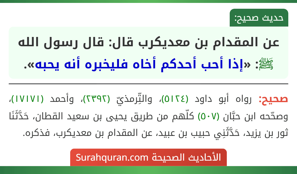 عن المقدام بن معديكرب قال: قال رسول الله ﷺ: «إذا أحب أحدكم أخاه فليخبره أنه يحبه».