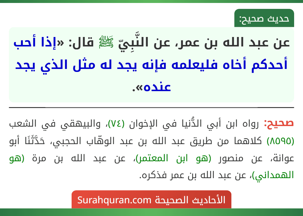 عن عبد الله بن عمر، عن النَّبِيّ ﷺ قال: «إذا أحب أحدكم أخاه فليعلمه فإنه يجد له مثل الذي يجد عنده».