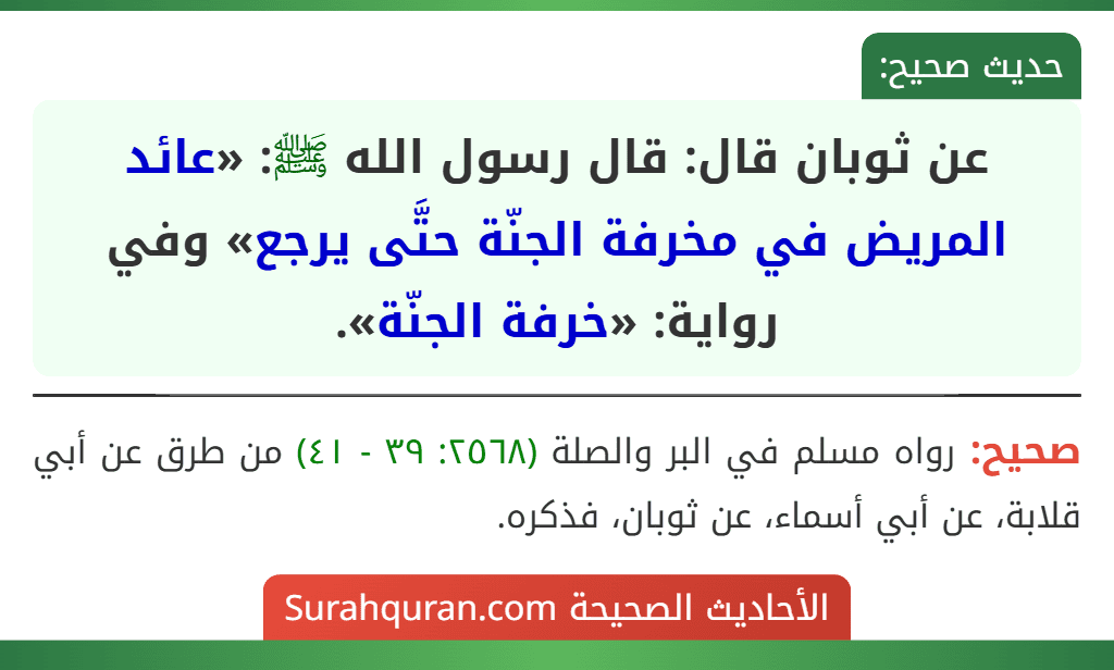 عن ثوبان قال: قال رسول الله ﷺ: «عائد المريض في مخرفة الجنّة حتَّى يرجع» وفي رواية: «خرفة الجنّة».