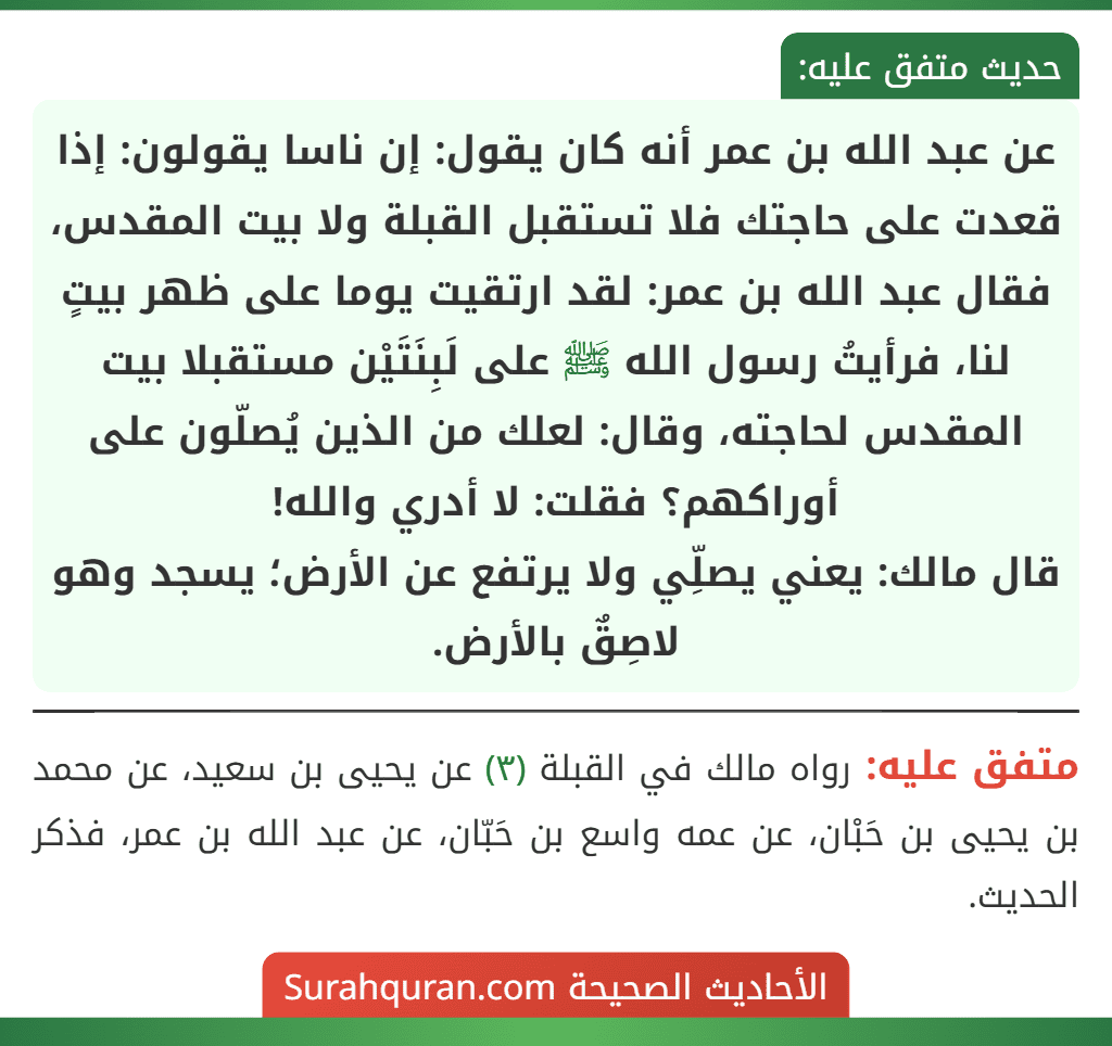 عن عبد الله بن عمر أنه كان يقول: إن ناسا يقولون: إذا قعدت على حاجتك فلا تستقبل القبلة ولا بيت المقدس، فقال عبد الله بن عمر: لقد ارتقيت يوما على ظهر بيتٍ لنا، فرأيتُ رسول الله ﷺ على لَبِنَتَيْن مستقبلا بيت المقدس لحاجته، وقال: لعلك من الذين يُصلّون على أوراكهم؟ فقلت: لا أدري والله!
قال مالك: يعني يصلِّي ولا يرتفع عن الأرض؛ يسجد وهو لاصِقٌ بالأرض.