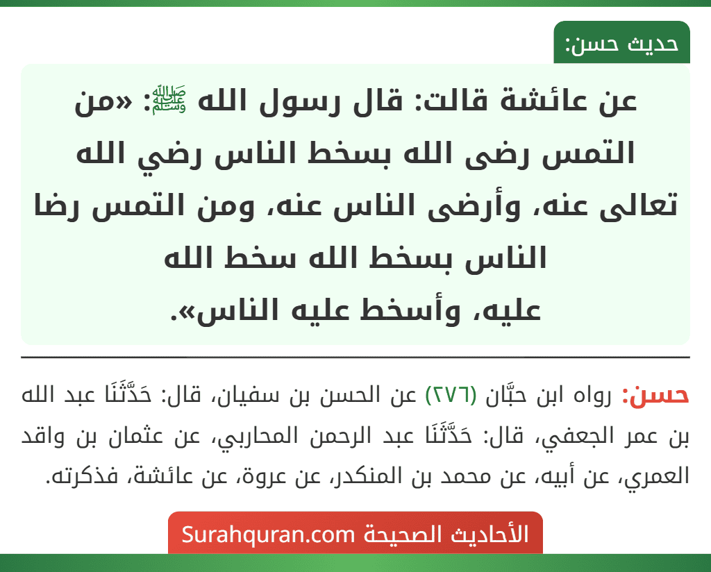 عن عائشة قالت: قال رسول الله ﷺ: «من التمس رضى الله بسخط الناس رضي الله تعالى عنه، وأرضى الناس عنه، ومن التمس رضا الناس بسخط الله سخط الله
عليه، وأسخط عليه الناس».