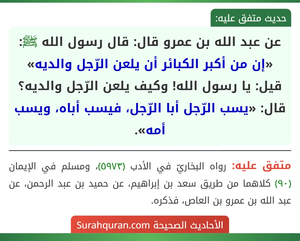 عن عبد الله بن عمرو قال: قال رسول الله ﷺ: «إن من أكبر الكبائر أن يلعن الرّجل والديه» قيل: يا رسول الله! وكيف يلعن الرّجل والديه؟ قال: «يسب الرّجل أبا الرّجل، فيسب أباه، ويسب أمه».