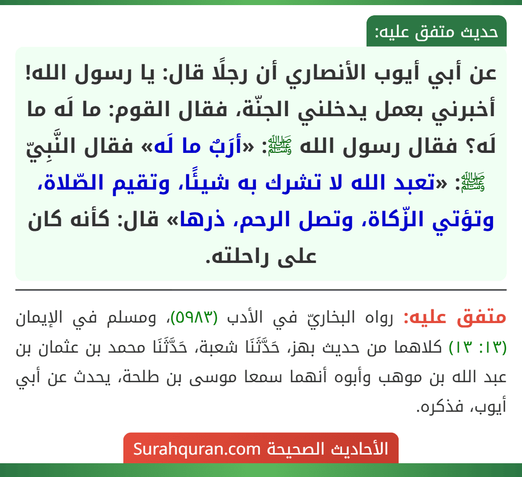 عن أبي أيوب الأنصاري أن رجلًا قال: يا رسول الله! أخبرني بعمل يدخلني الجنّة، فقال القوم: ما لَه ما لَه؟ فقال رسول الله ﷺ: «أرَبٌ ما لَه» فقال النَّبِيّ ﷺ: «تعبد الله لا تشرك به شيئًا، وتقيم الصّلاة، وتؤتي الزّكاة، وتصل الرحم، ذرها» قال: كأنه كان على راحلته.